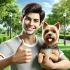 DALL·E 2024-09-03 18.07.58 - A realistic image of a happy dog owner holding their small dog in an outdoor park setting. The owner is smiling and giving a thumbs-up, and the dog is